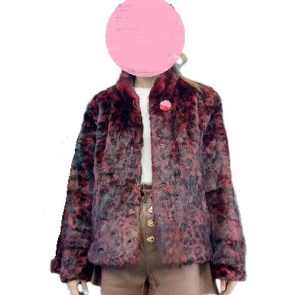 New Real Mink Fur Jacket Blazer Coat Dark Red Black Animal Print Leopard Dotted - Picture 1 of 6